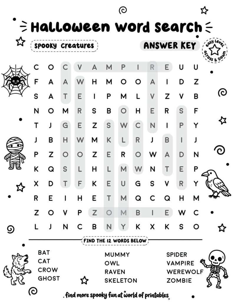 Spooky Creatures Halloween Word Search - Easy Level Answer Key