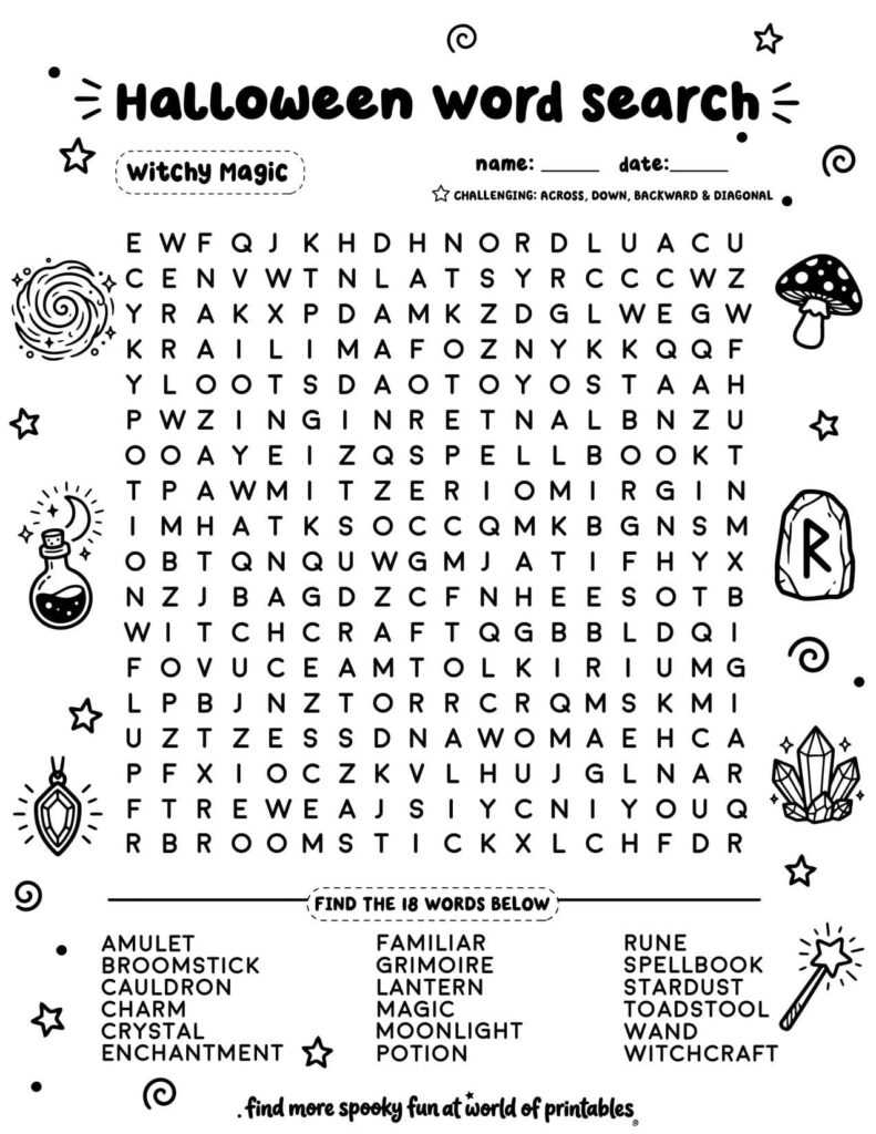 Witchy Magic Halloween Word Search - Challenging Level