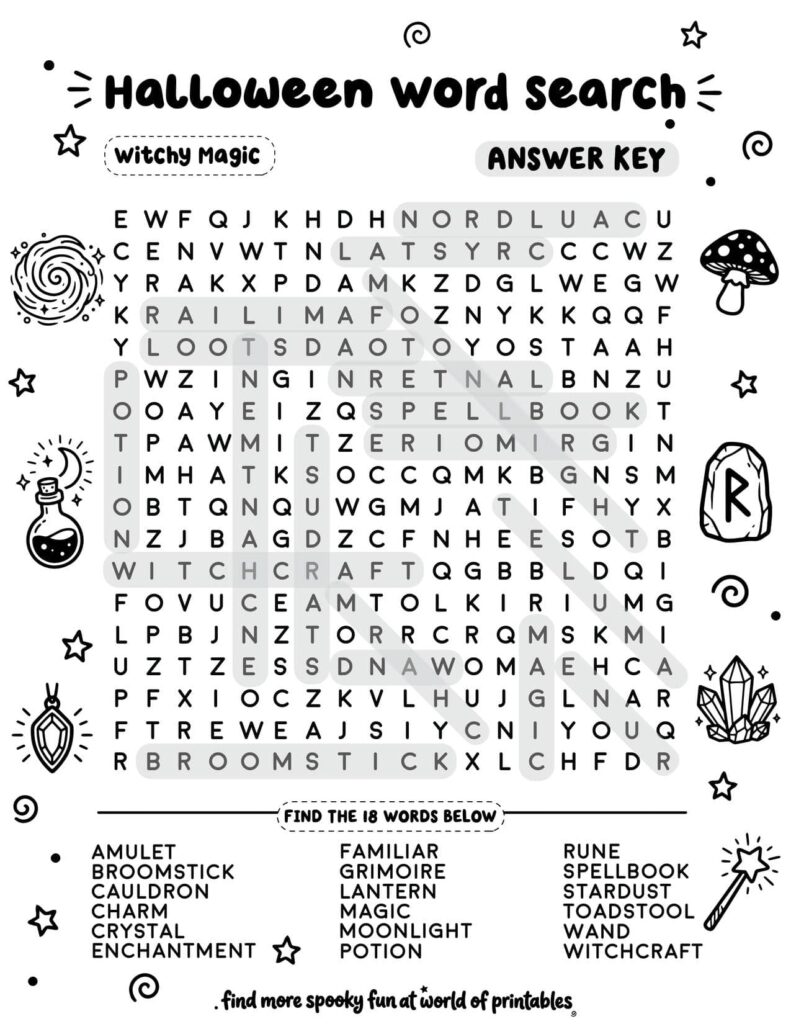Witchy Magic Halloween Word Search - Challenging Level Answer Key