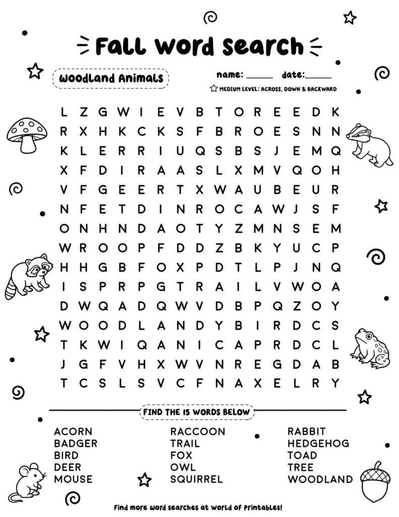 Woodland Animals - Medium Fall Word Search