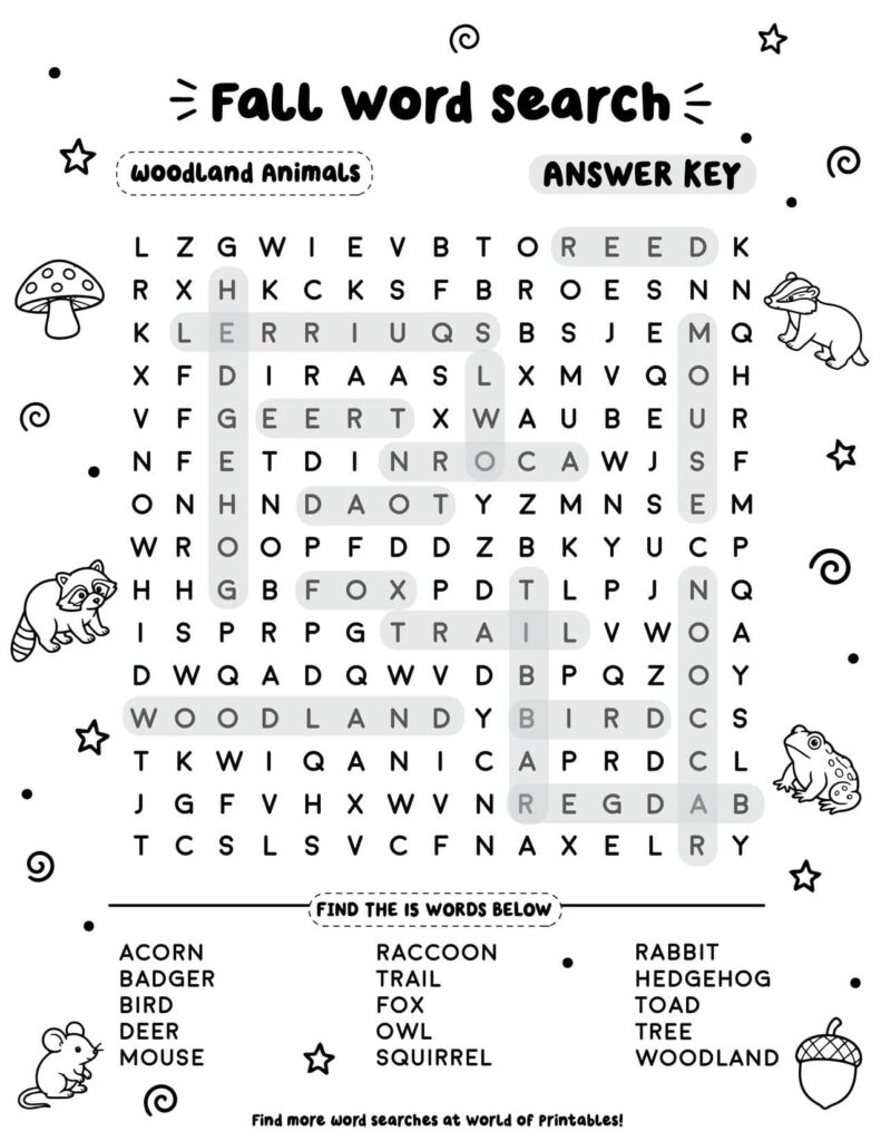 Woodland Animals - Medium Fall Word Search Answer Key