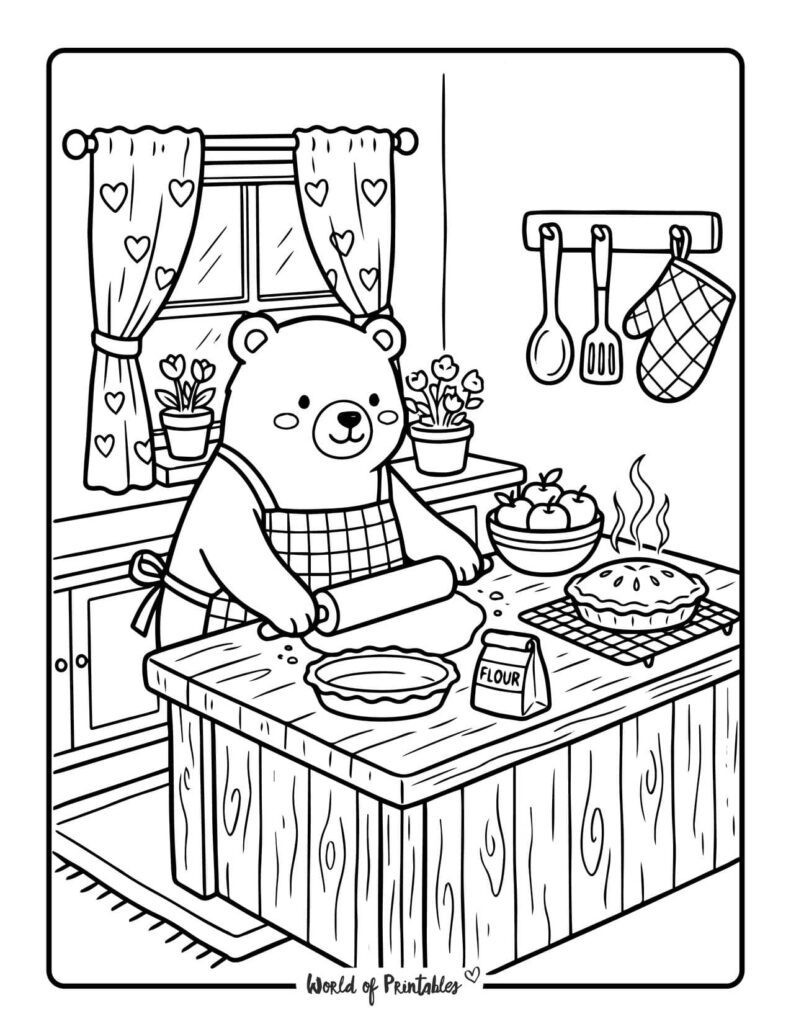 bear baking apple pie coloring page