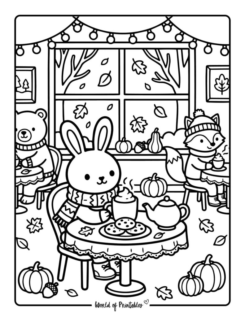 cozy autumn tea party coloring page