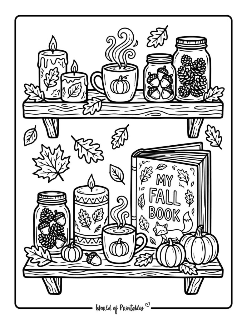 cozy fall shelf coloring page