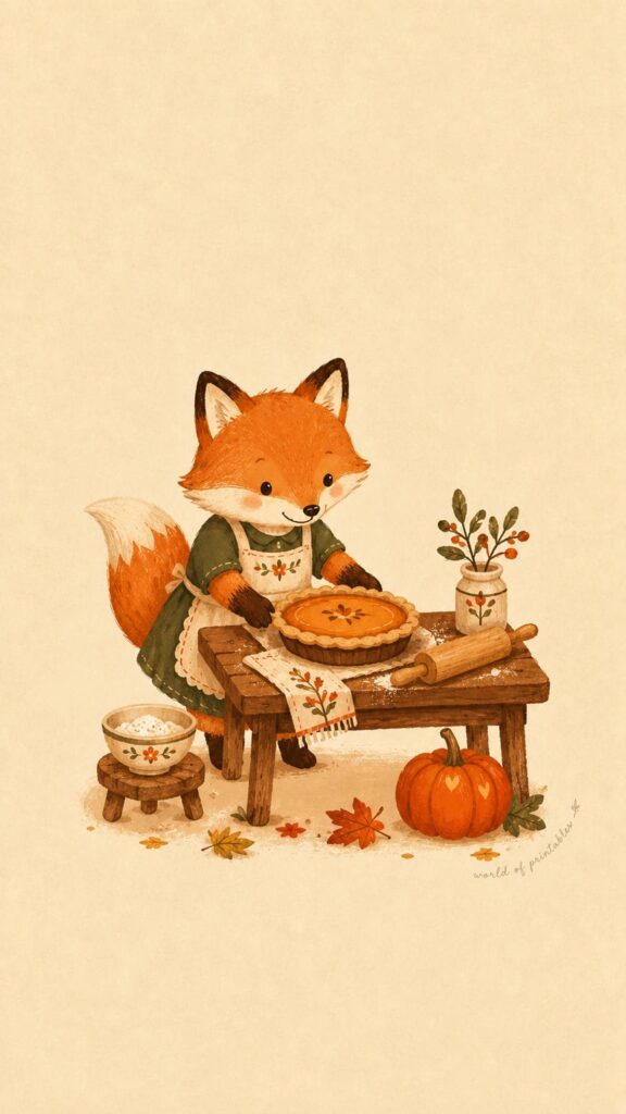 cute fox baking pumpkin pie september phone wallpaper