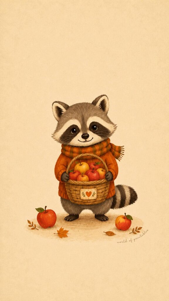 cute raccoon apple basket september phone wallpaper