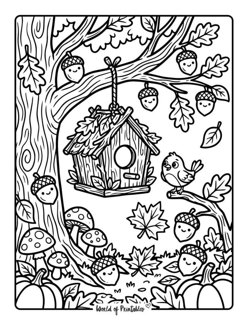 fall birdhouse coloring page
