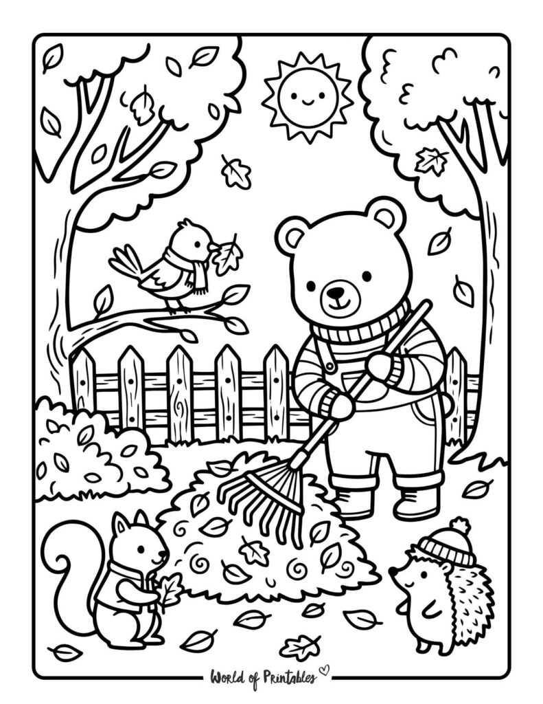 fall leaf raking coloring page