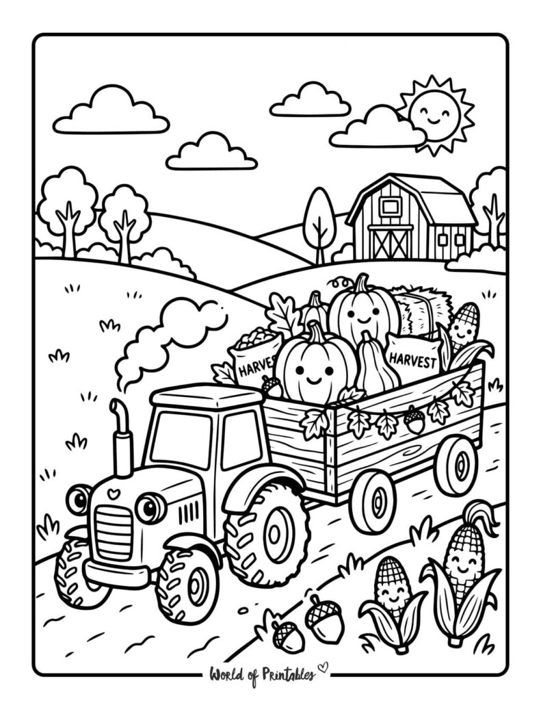 fall tractor harvest coloring page