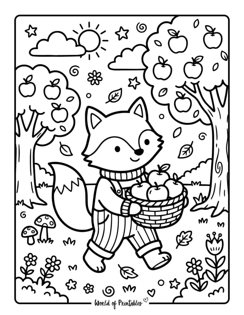 fox apple picking coloring page