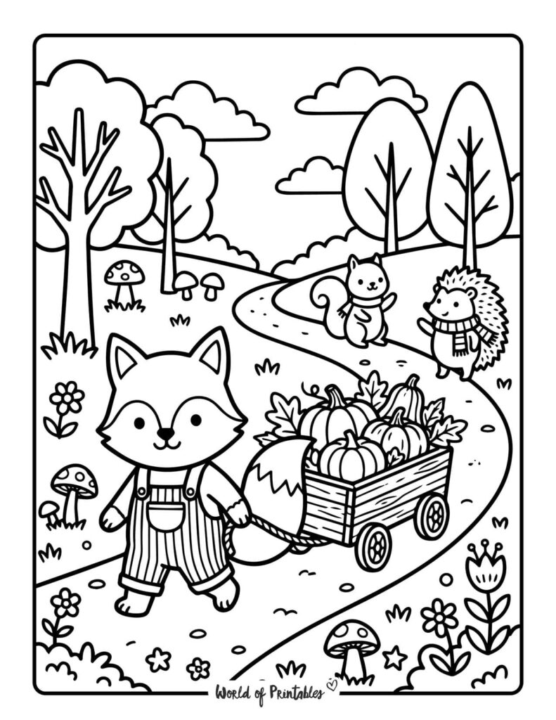 fox pumpkin wagon coloring page