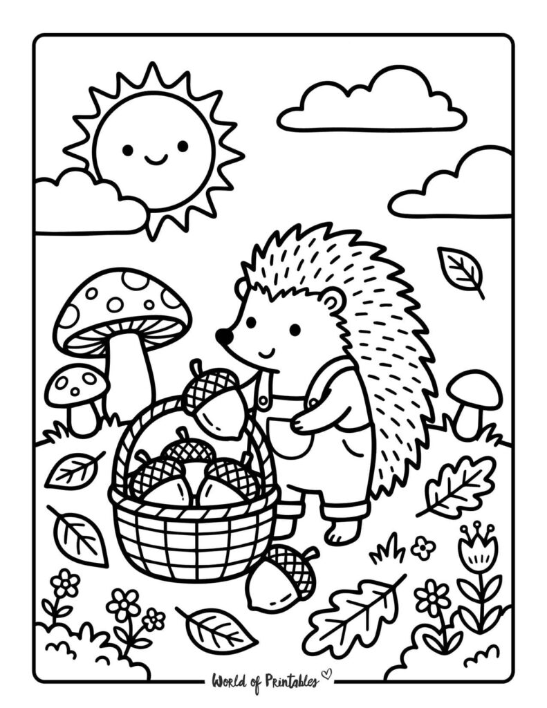 hedgehog acorn basket coloring page