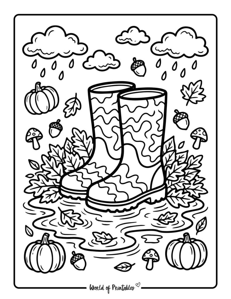 rain boots in fall leaves coloring page
