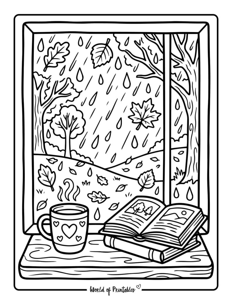 rainy fall reading coloring page
