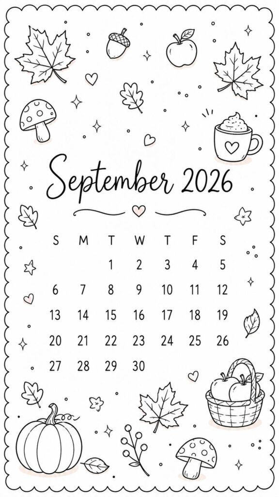 september calendar wallpaper black and white autumn doodles