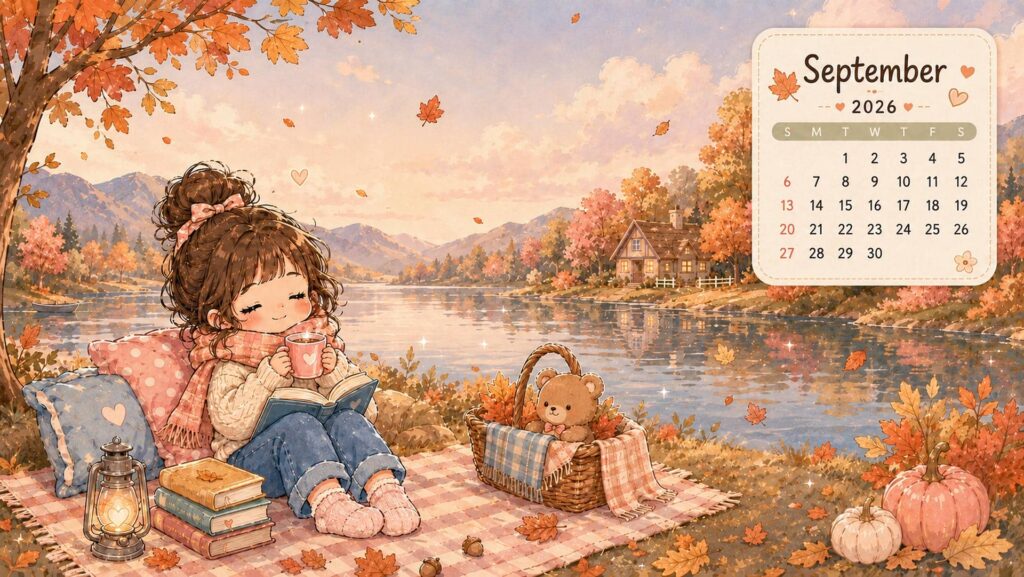 september desktop calendar wallpaper cozy girl autumn