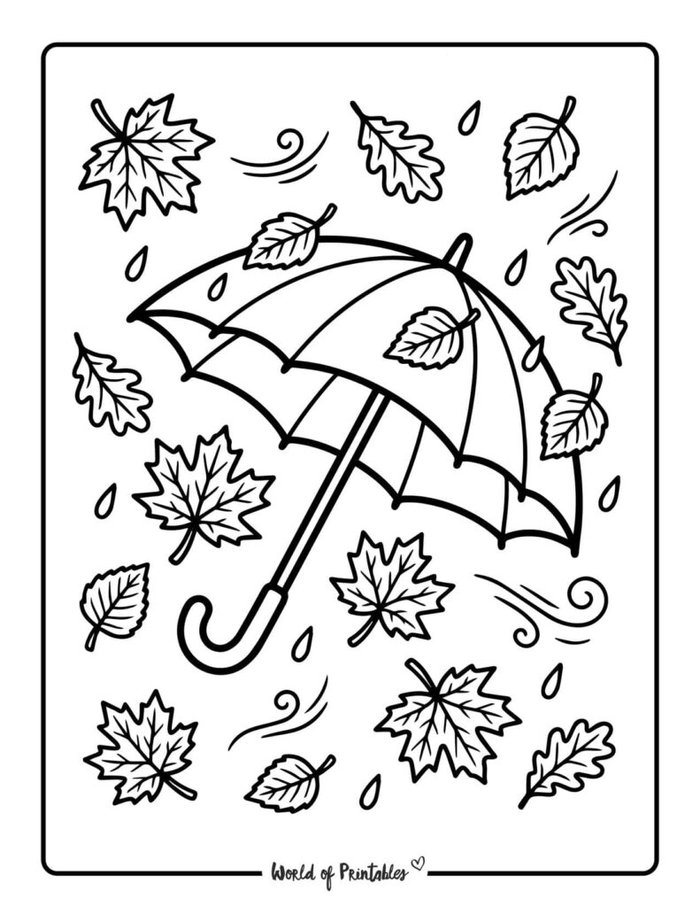 umbrella and fall leaves coloring page