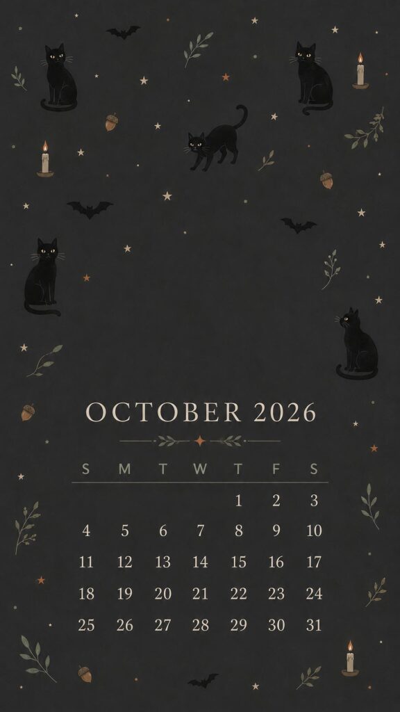 Black Cat Pattern October Calendar Wallpaper 2026