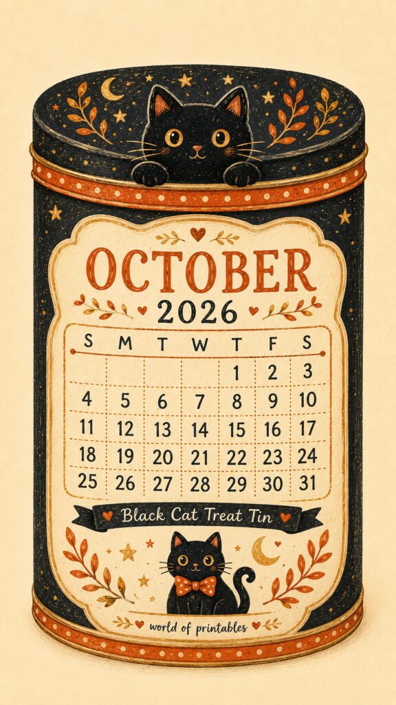 Black Cat Treats October 2026 Lock Screen Calendar