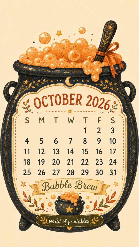 Bubble Brew October 2026 Lock Screen Calendar