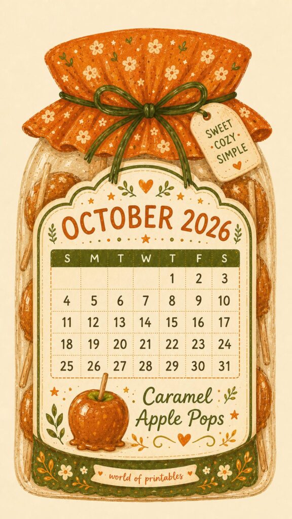 Caramel Apple October 2026 Lock Screen Calendar