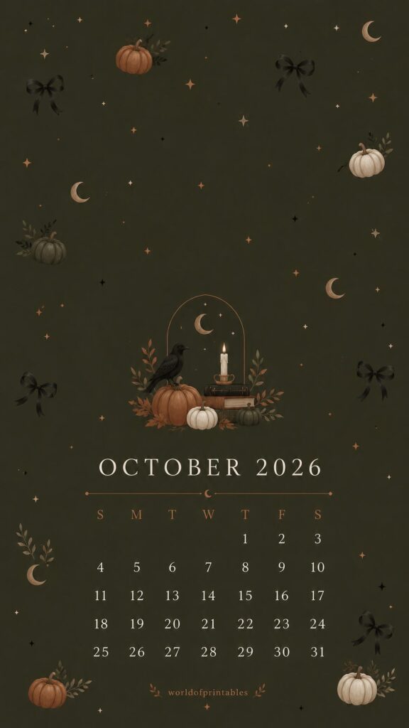 Crows and Bows October Calendar Wallpaper 2026