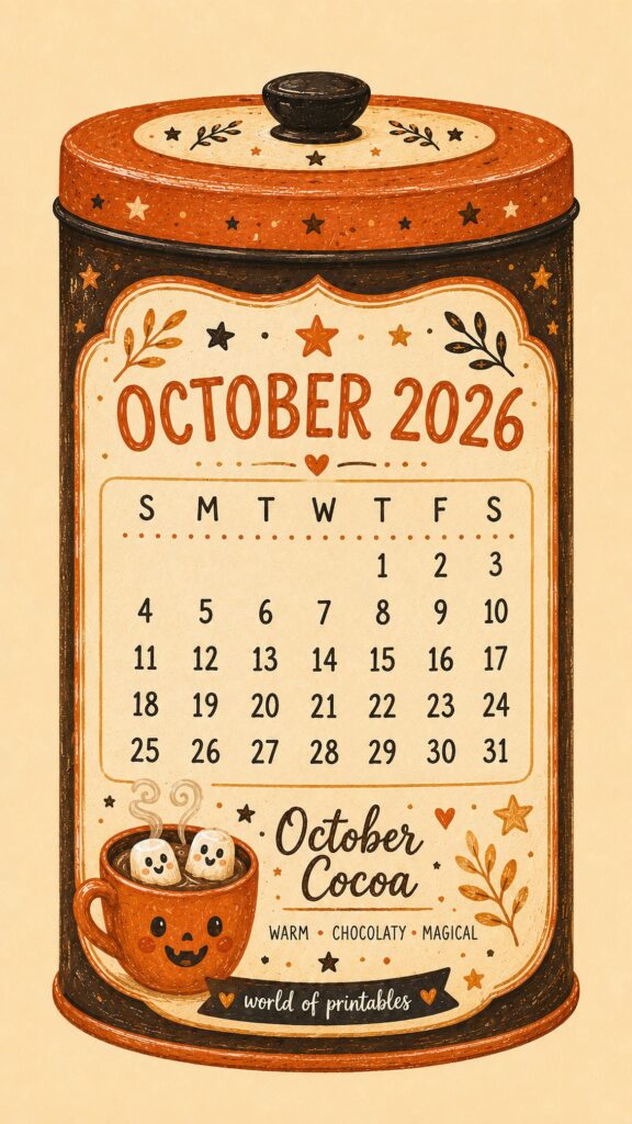 Cute Cocoa October 2026 Lock Screen Calendar