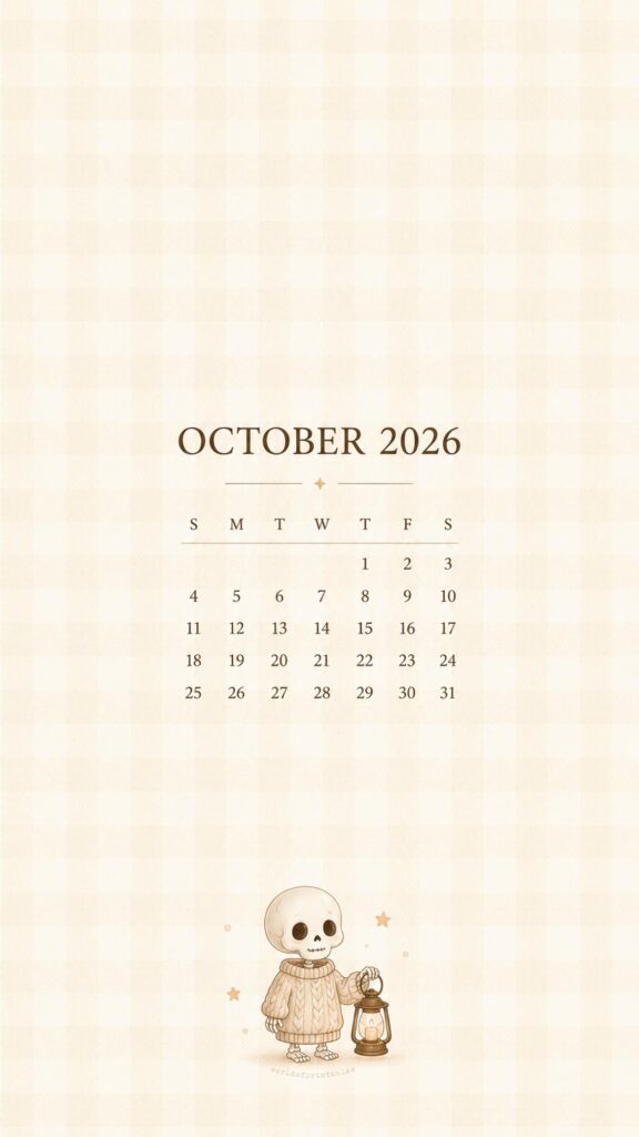Cute Skeleton October 2026 Calendar Wallpaper