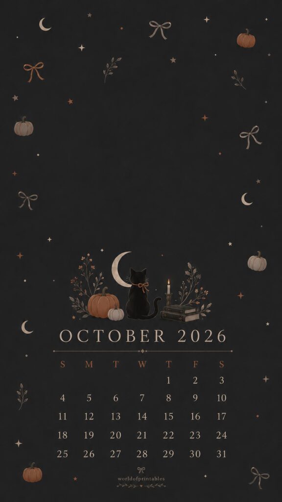 Dark and Cute October Calendar Wallpaper 2026