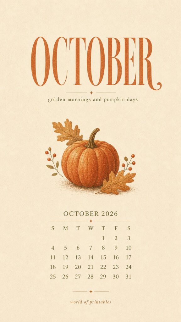 Elegant Pumpkin October 2026 Calendar Phone Wallpaper