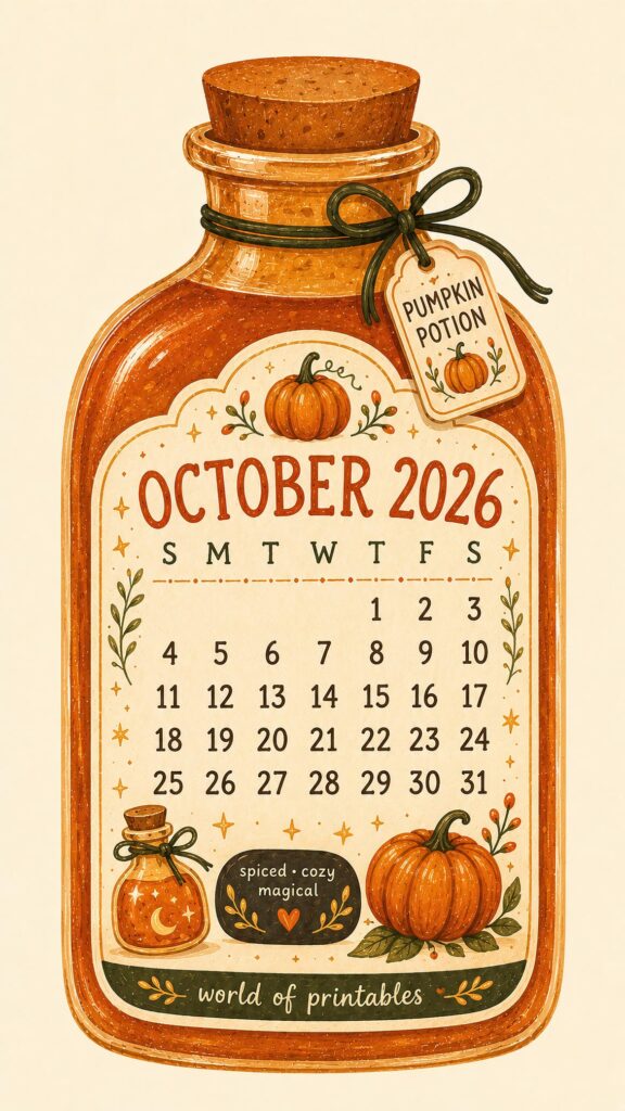 Pumpkin Potion October 2026 Lock Screen Calendar
