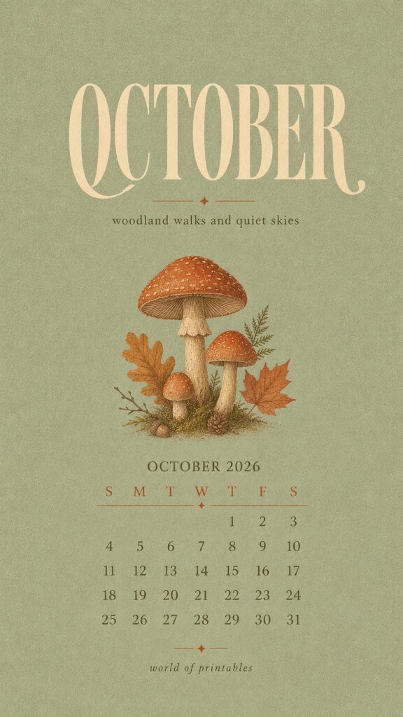 Rustic Mushroom October 2026 Calendar Phone Wallpaper