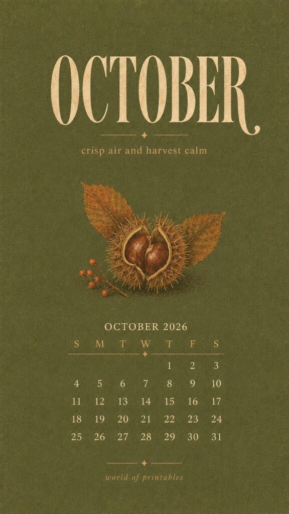 Simple Conker October 2026 Calendar Phone Wallpaper