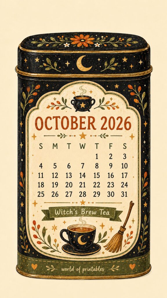 Witch's Tea October 2026 Lock Screen Calendar