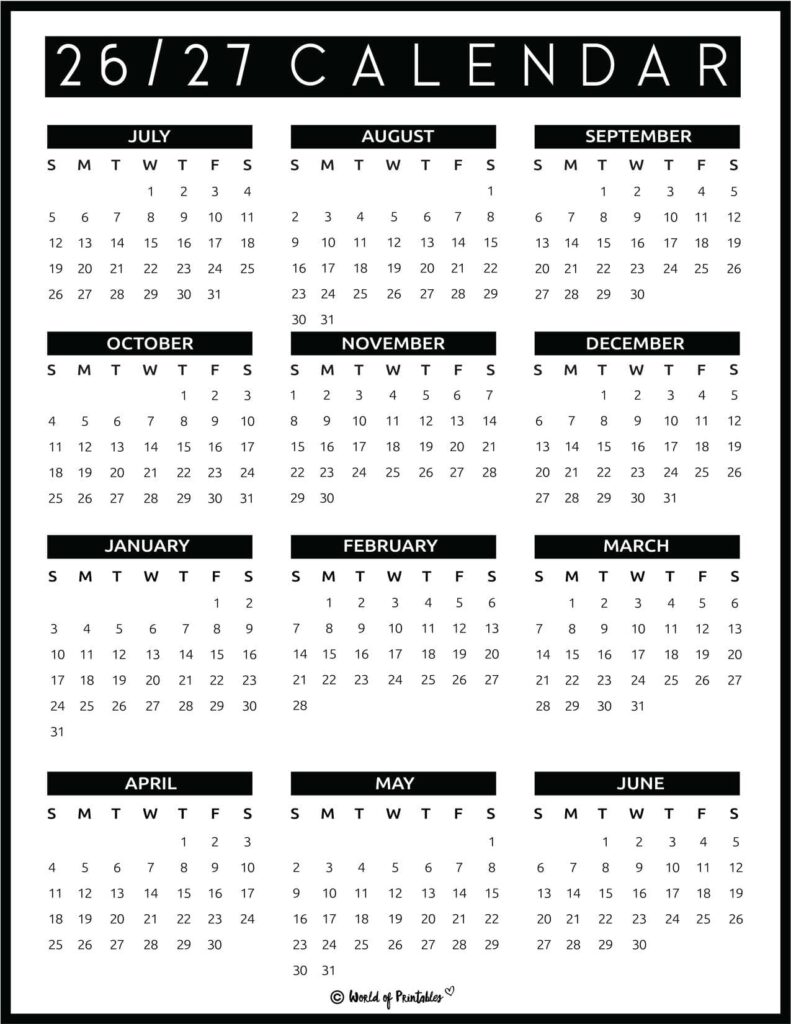 2026 2027 academic calendar black minimalist