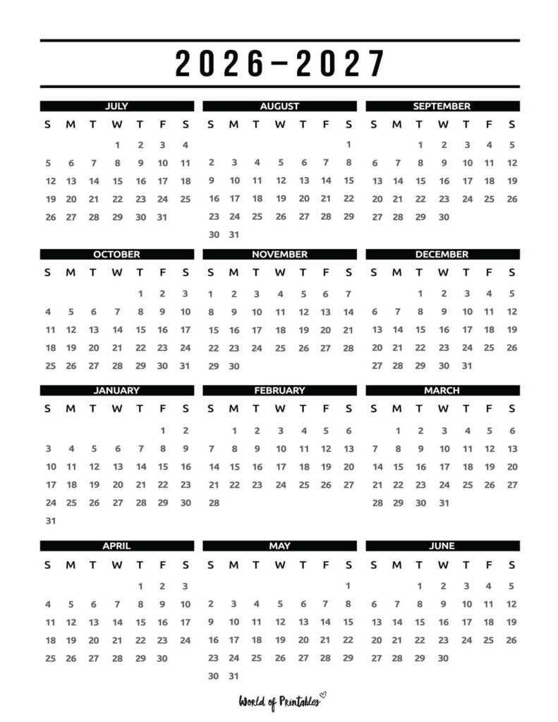 2026 2027 academic calendar black minimalist bold