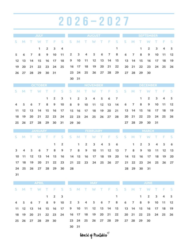 2026 2027 academic calendar blue minimalist