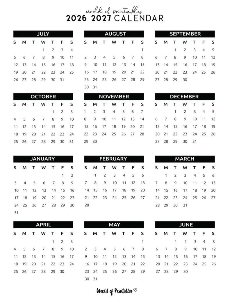 2026 2027 academic calendar classic black minimalist