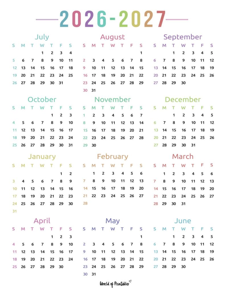 2026 2027 academic calendar colorful