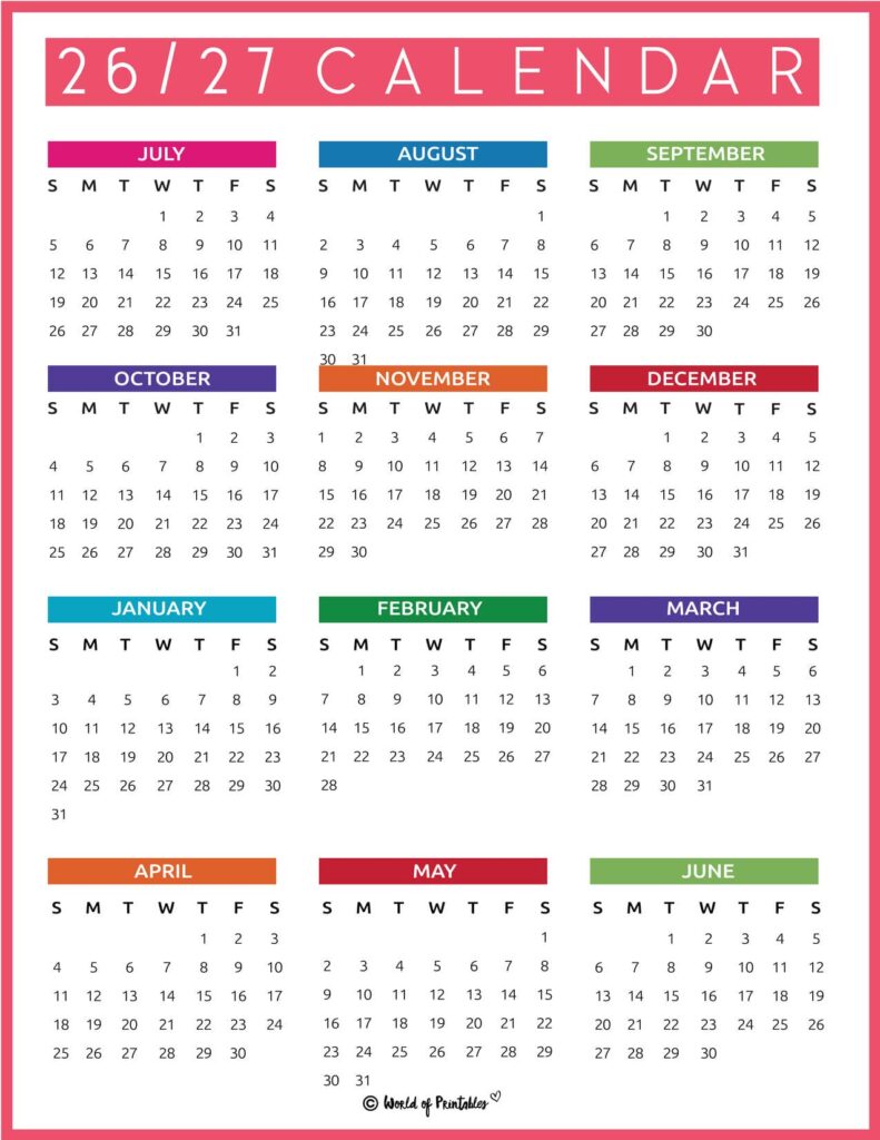 2026 2027 academic calendar colorful minimalist