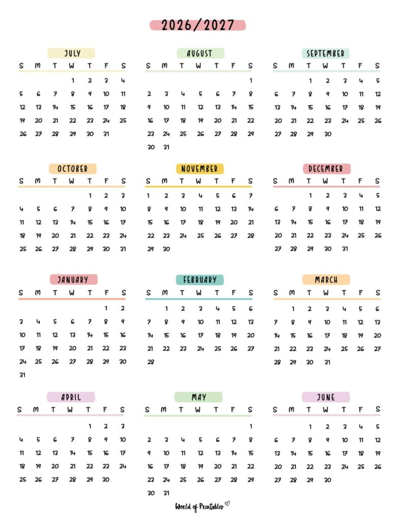 2026 2027 academic calendar cute pastel