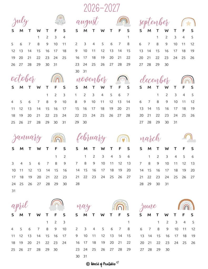 2026 2027 academic calendar cute rainbow
