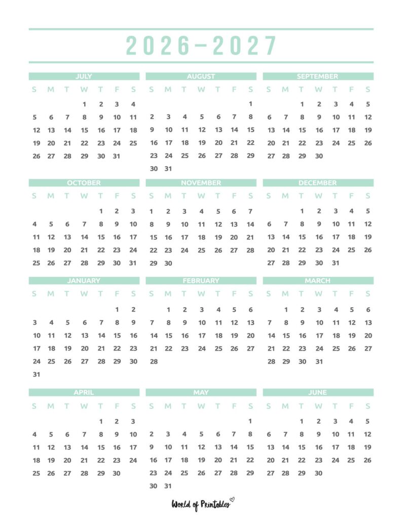 2026 2027 academic calendar mint green
