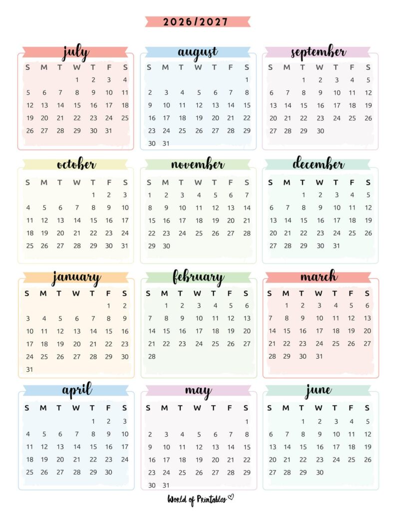 2026 2027 academic calendar pastel banners