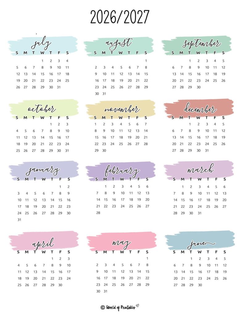 2026 2027 academic calendar pastel brushstroke