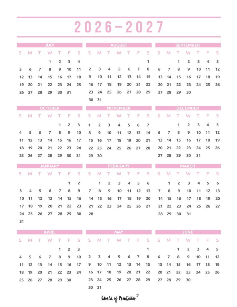 2026 2027 academic calendar pastel pink