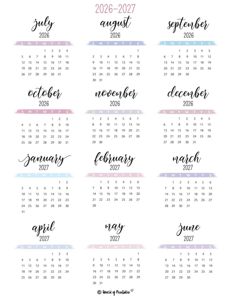 2026 2027 academic calendar pastel watercolor