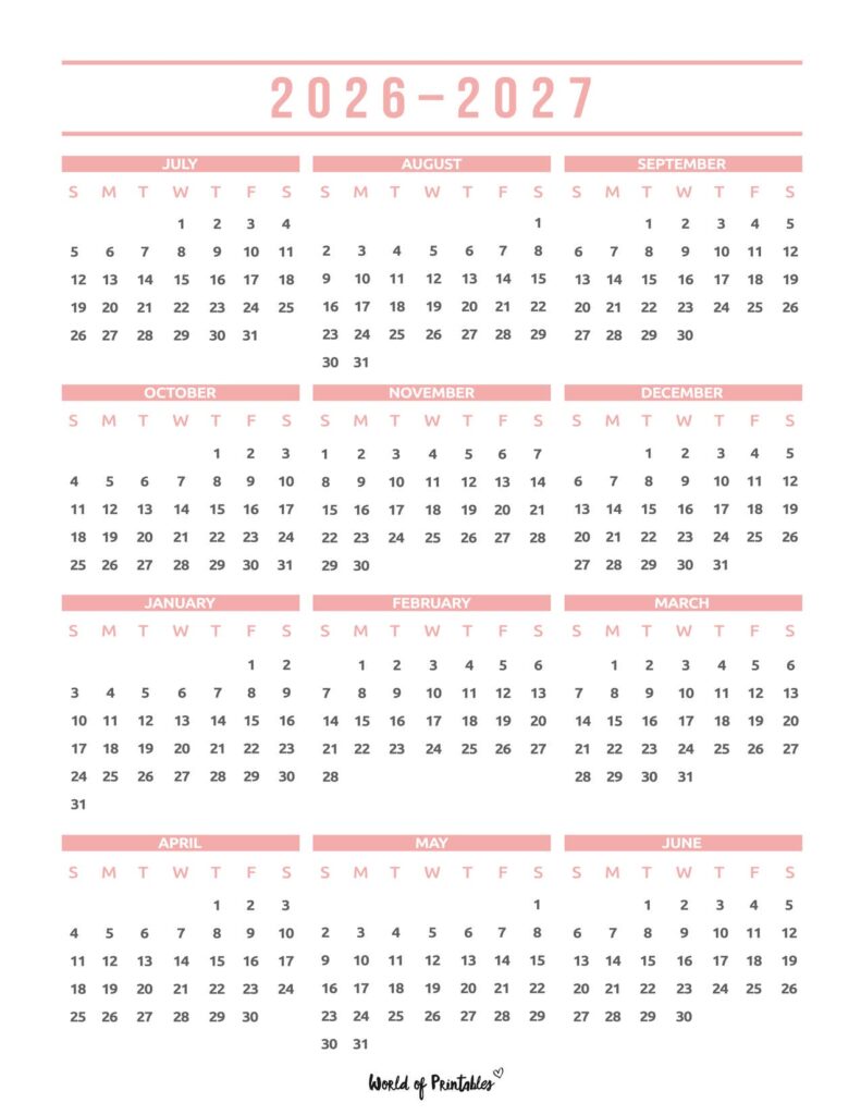 2026 2027 academic calendar pink