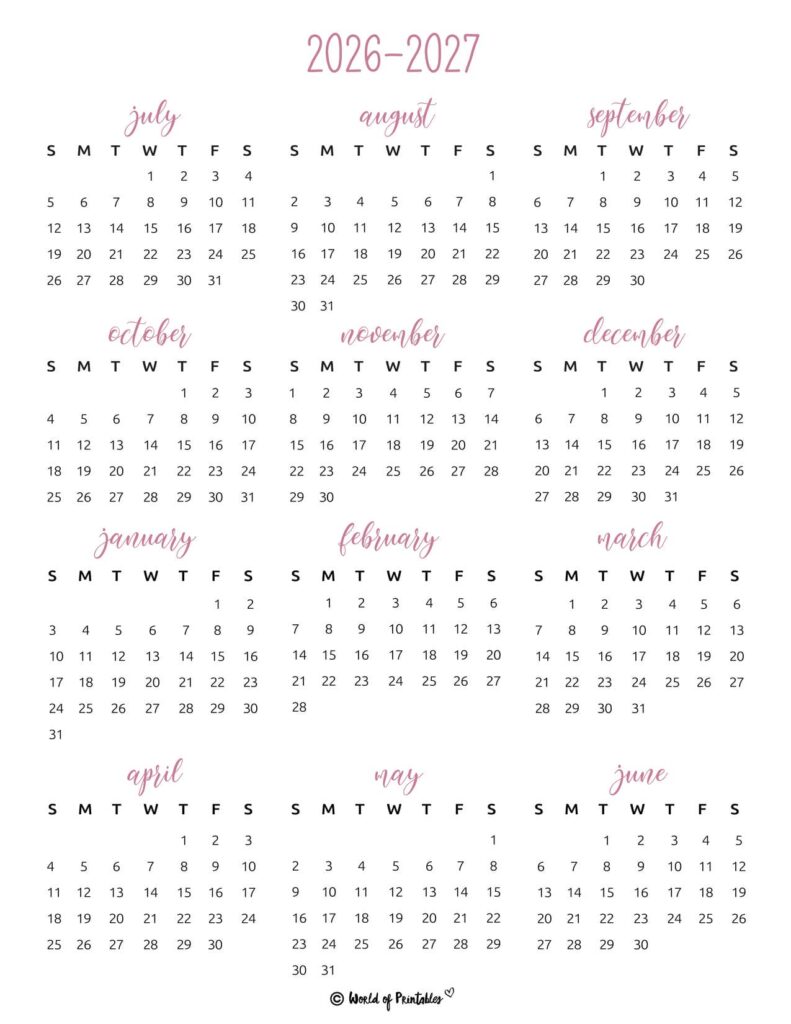 2026 2027 academic calendar pink minimalist
