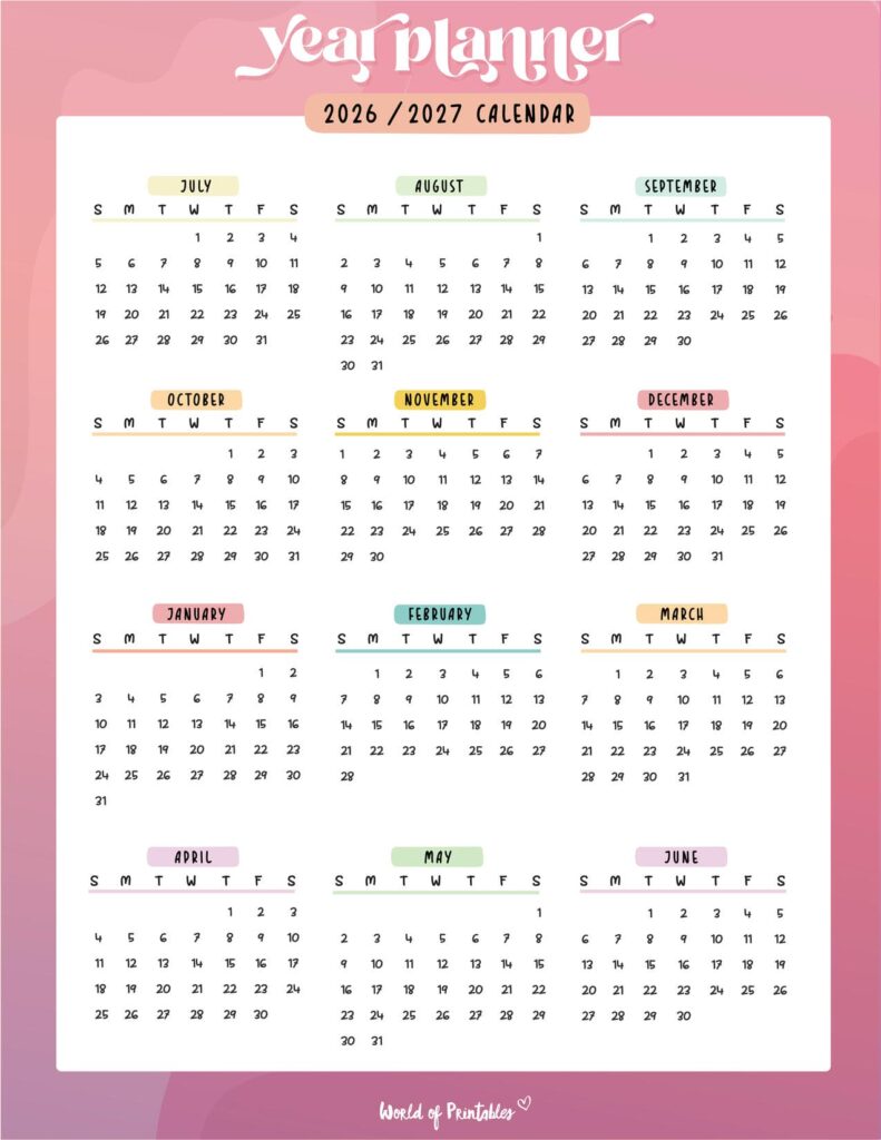2026 2027 academic calendar pink year planner